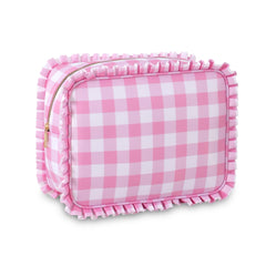 EMBRUNIOICE bolsa de maquillaje rosa vichy con volantes, ideal para organizar cosméticos en viaje.