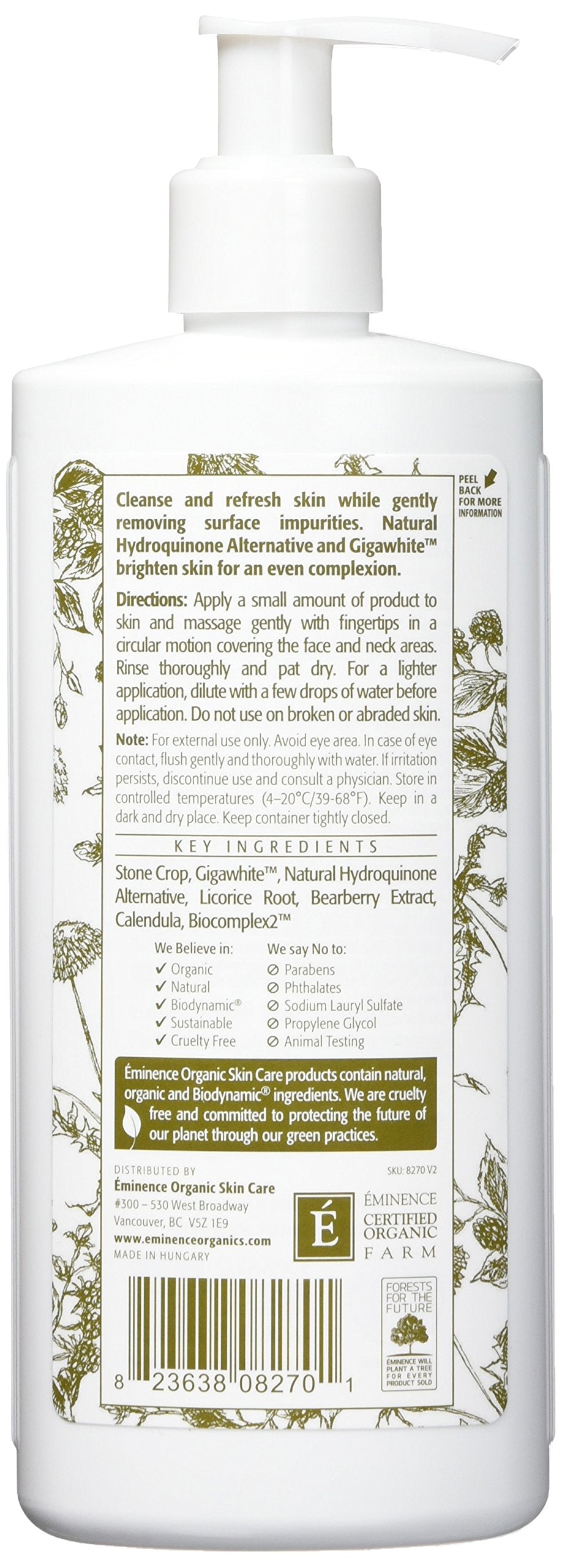 Eminence Bright Skin Cleanser; aplicación con la mano para limpieza delicada.
