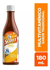 Etiqueta de vitaminas A y D de Emulsion de Scott para controlar la ingesta.