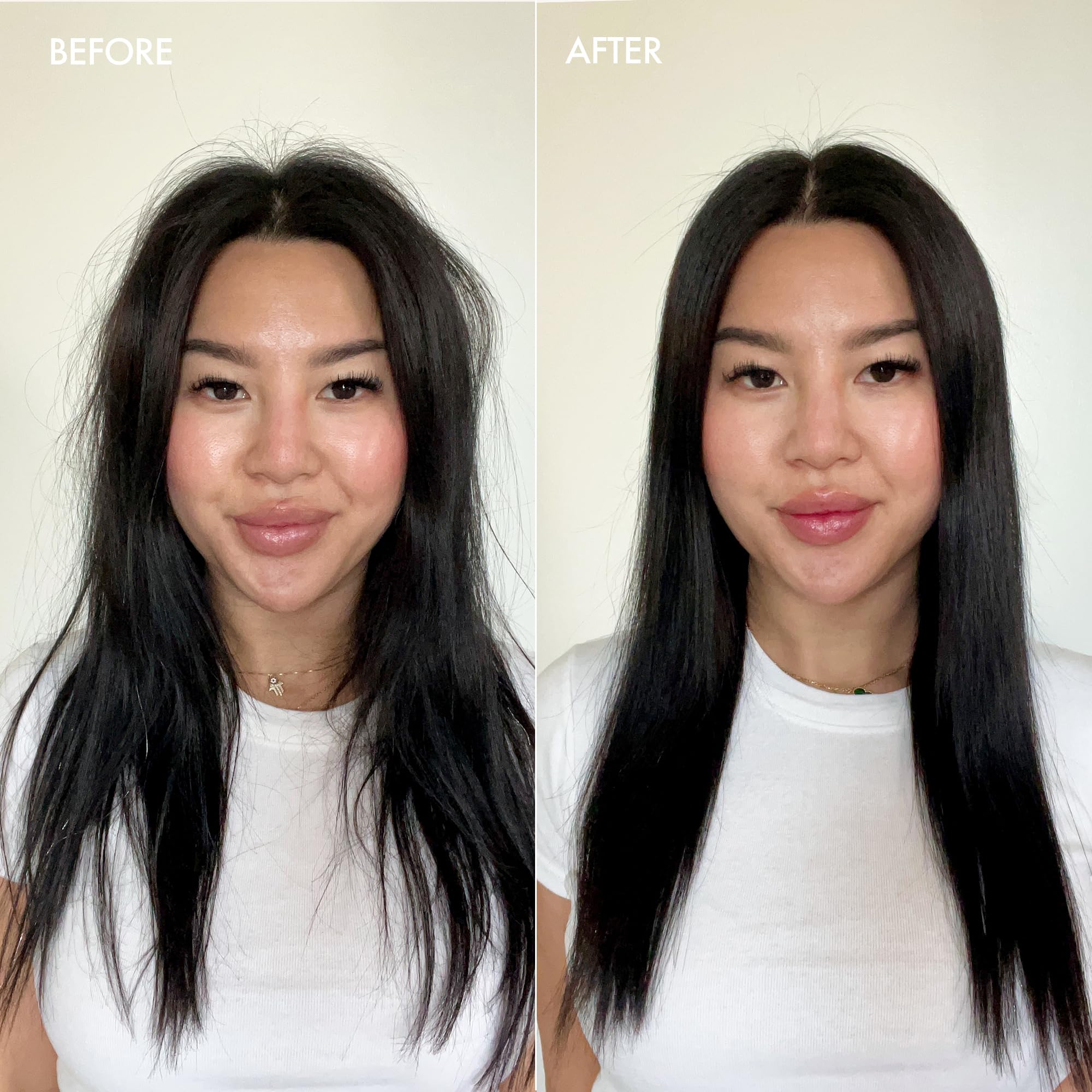 Enjoy Shine and softness after use illustrates the product's ability to smooth frizz.