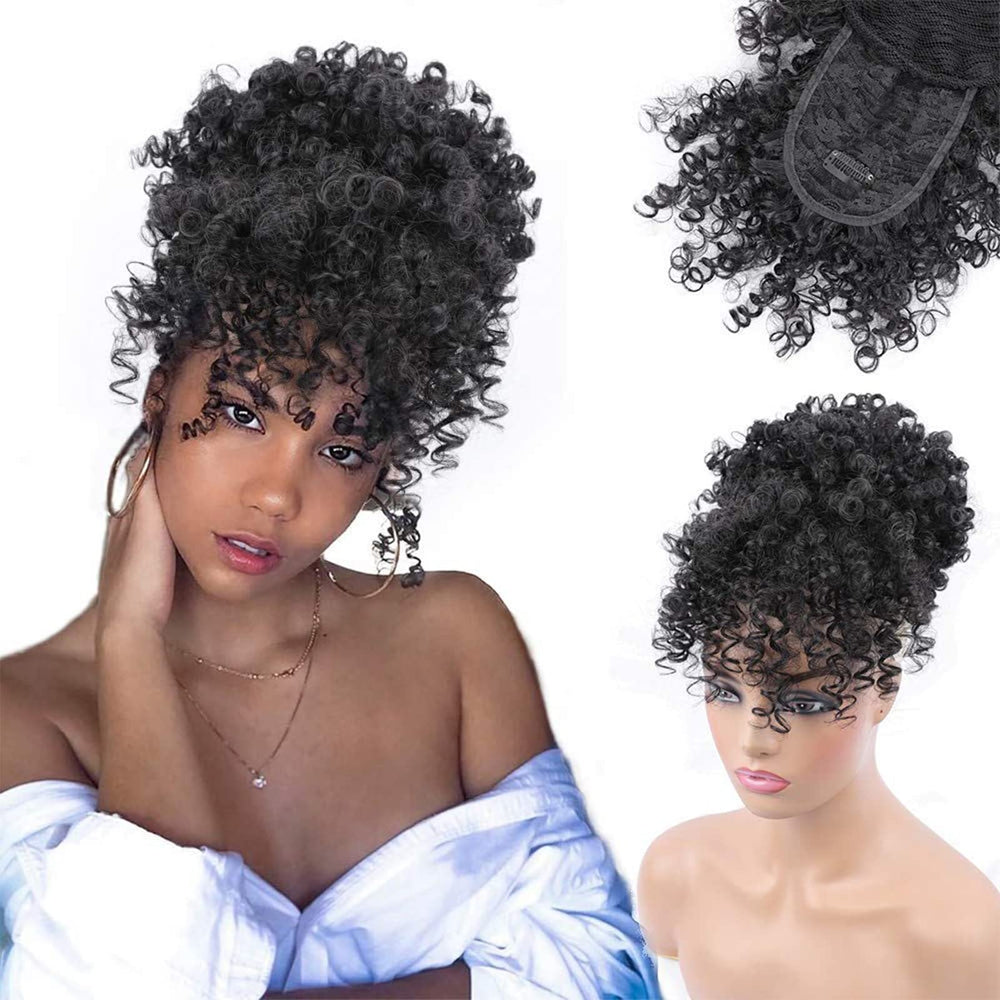 ENTRANCED STYLES coleta con cordón Afro Puff y flequillo, aspecto natural y versátil.