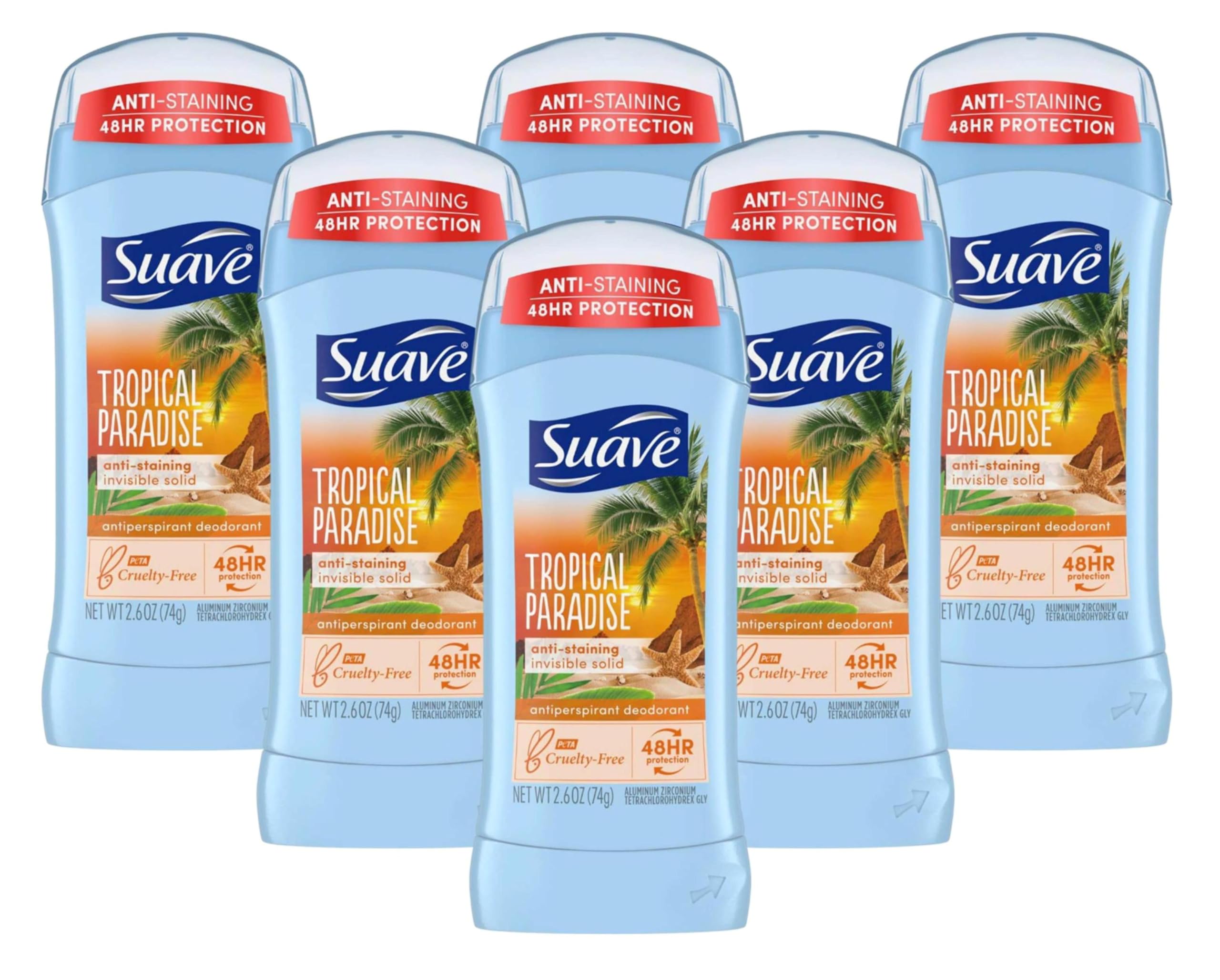 Envase compacto del desodorante Suave Paraíso Tropical, ideal para viaje.