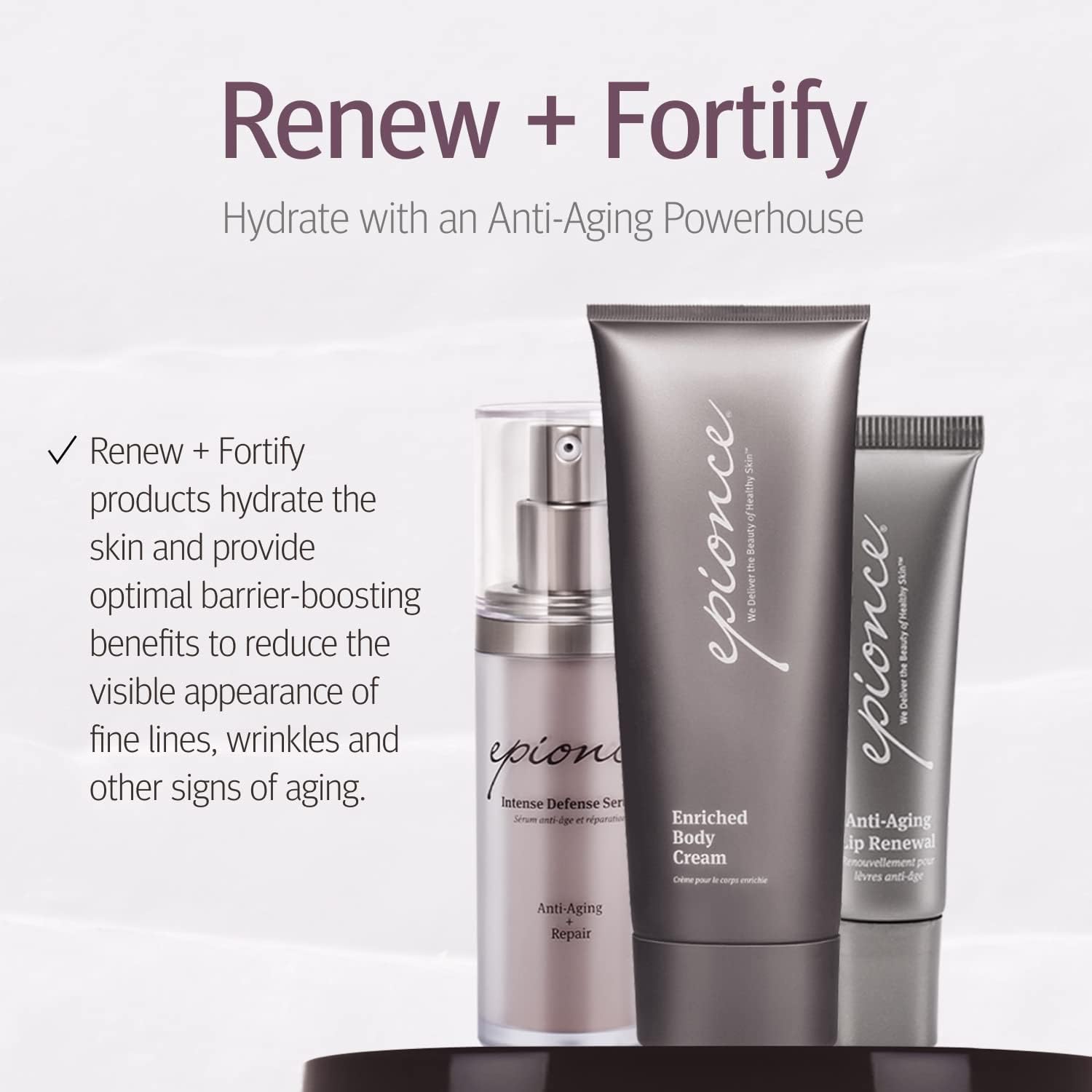 Epionce Renewal Body Lotion, textura cremosa para nutrición diaria sin grasa.