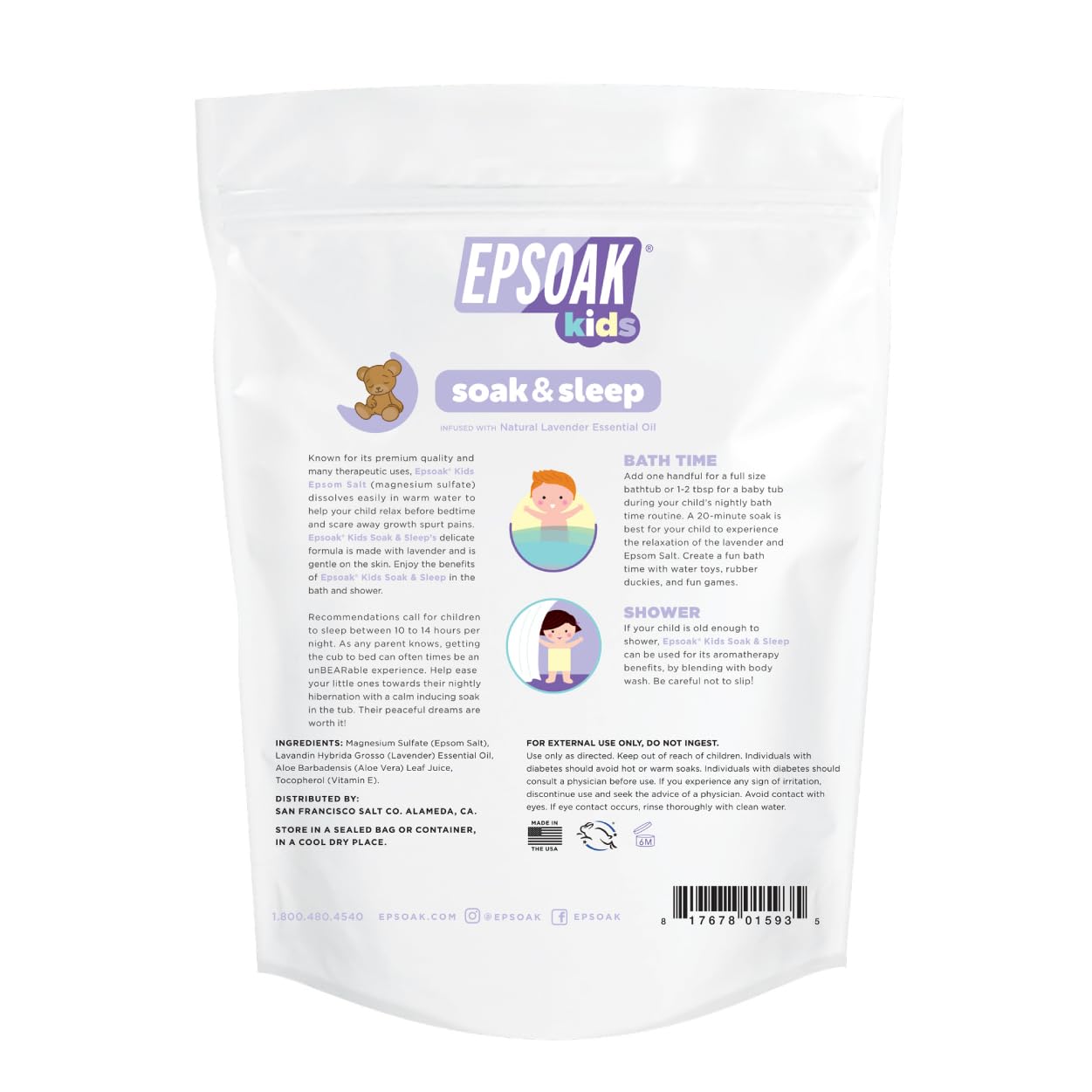 Epsoak Kids Lavanda: etiqueta cercana destacando aroma suave
