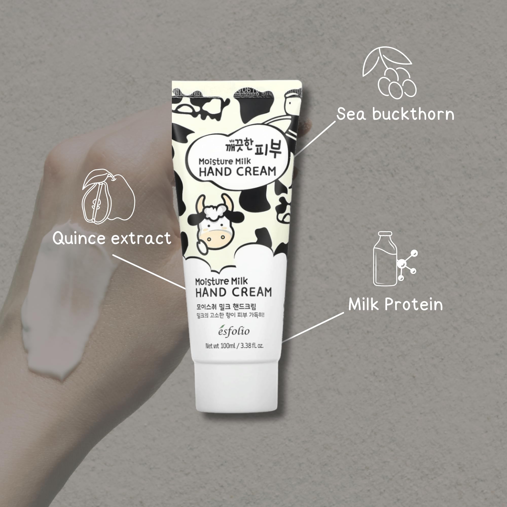 Esfolio crema de manos con proteína de leche, nutrición que suaviza la piel.