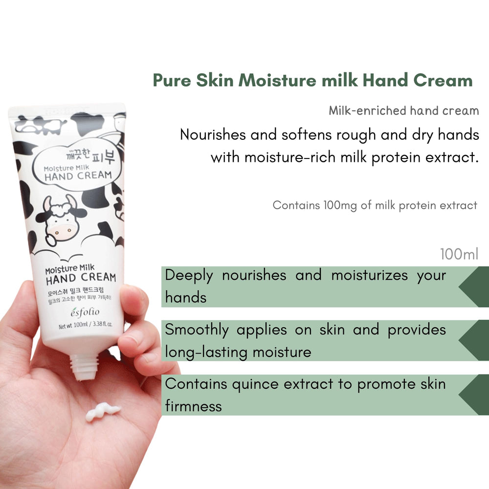 Esfolio crema de manos, textura ligera con extracto de leche.