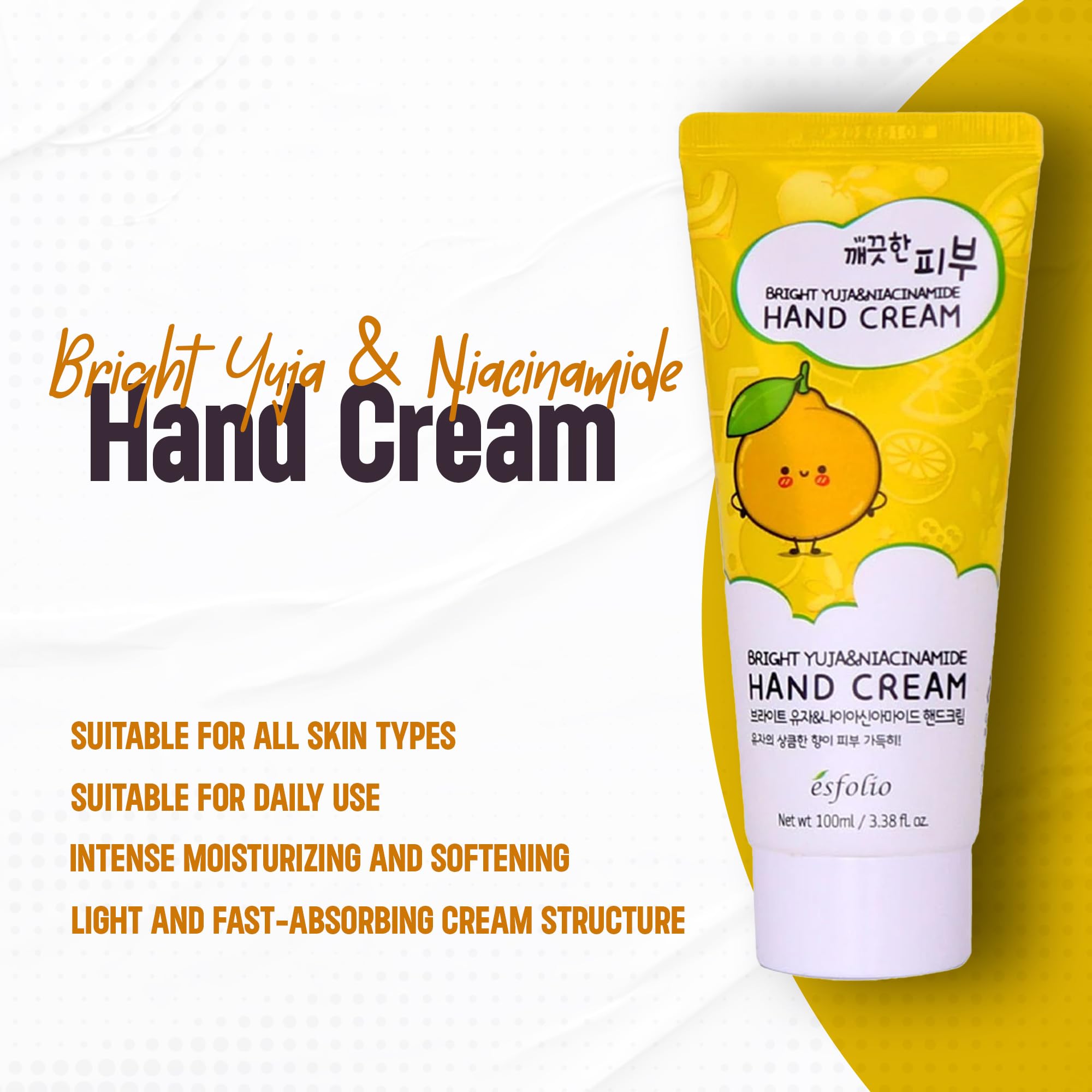 Esfolio Yuja Vitamina C crema de manos, absorción rápida sin grasa.