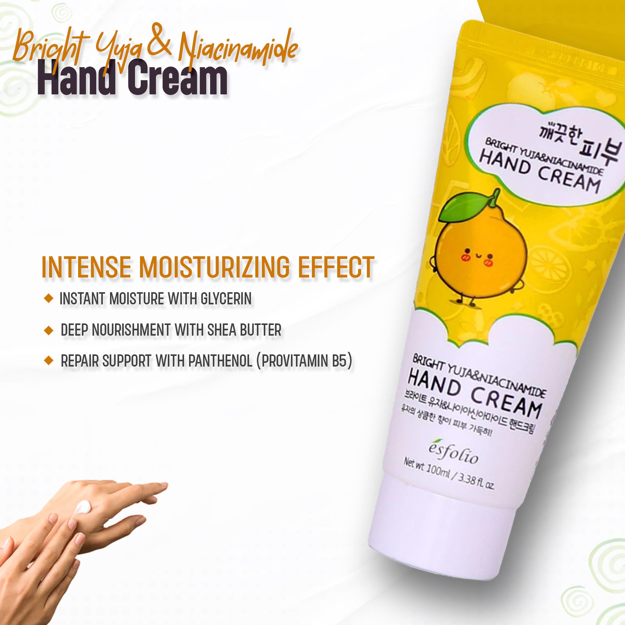 Esfolio Yuja Vitamina C crema de manos, aroma cítrico revitalizante.