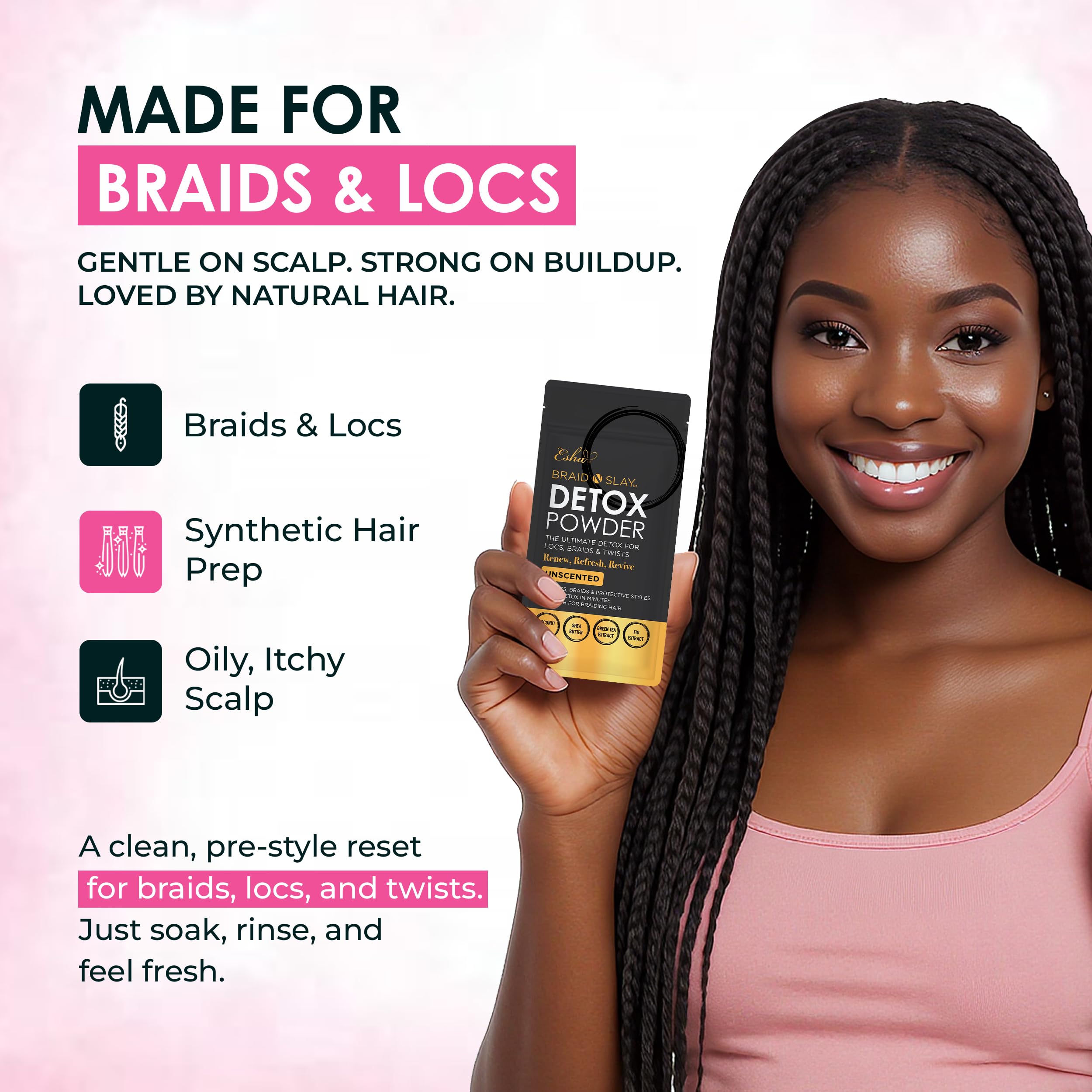 Esha Braid N Slay polvo desintoxicante con coco y karité para cuidado extra.