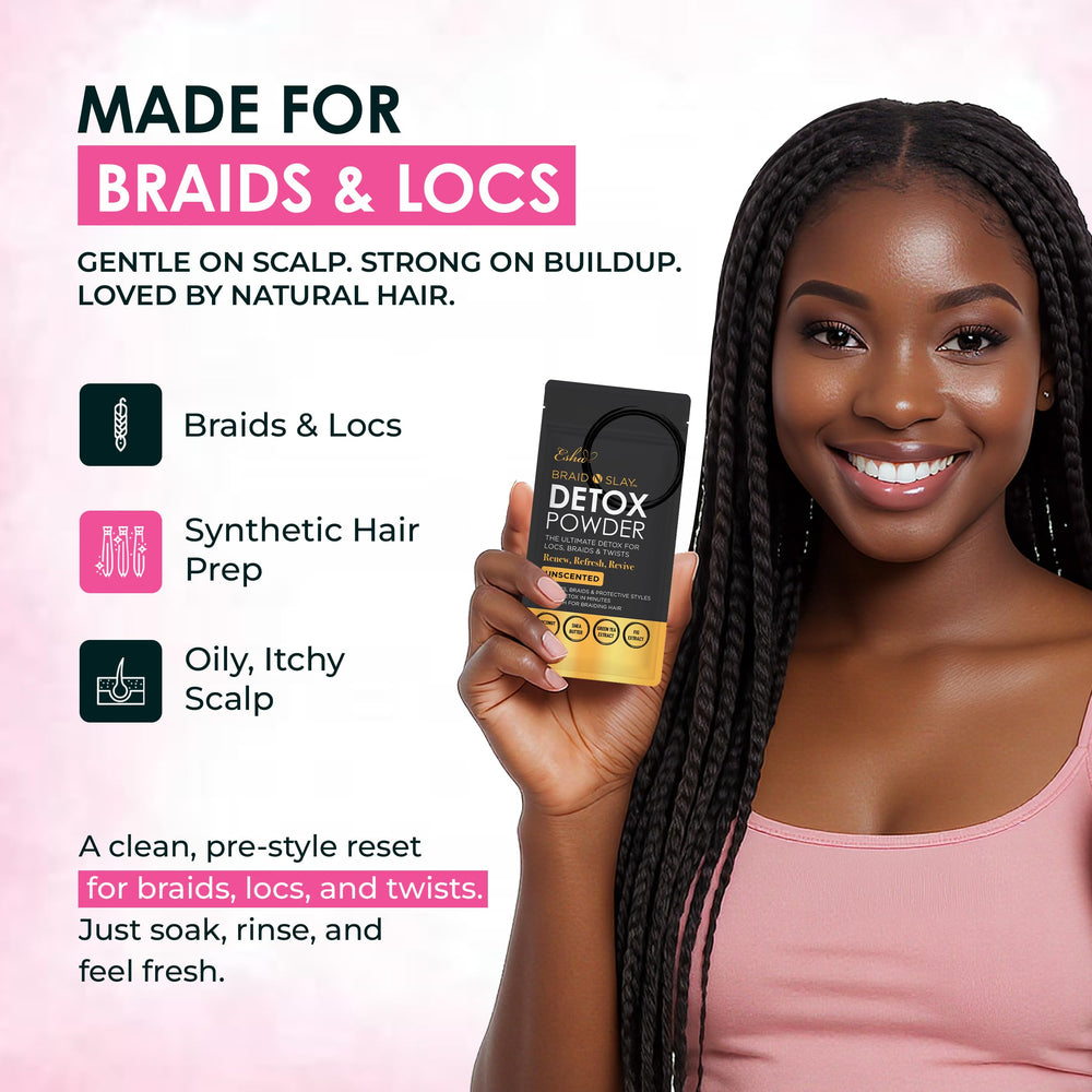 Esha Braid N Slay polvo desintoxicante con coco y karité para cuidado extra.