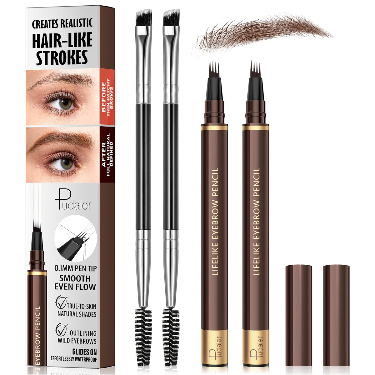 Espoce 2Pack 4-Tip Microblading Eyebrow Pen closeup shows precise 0.1mm tip for natural strokes