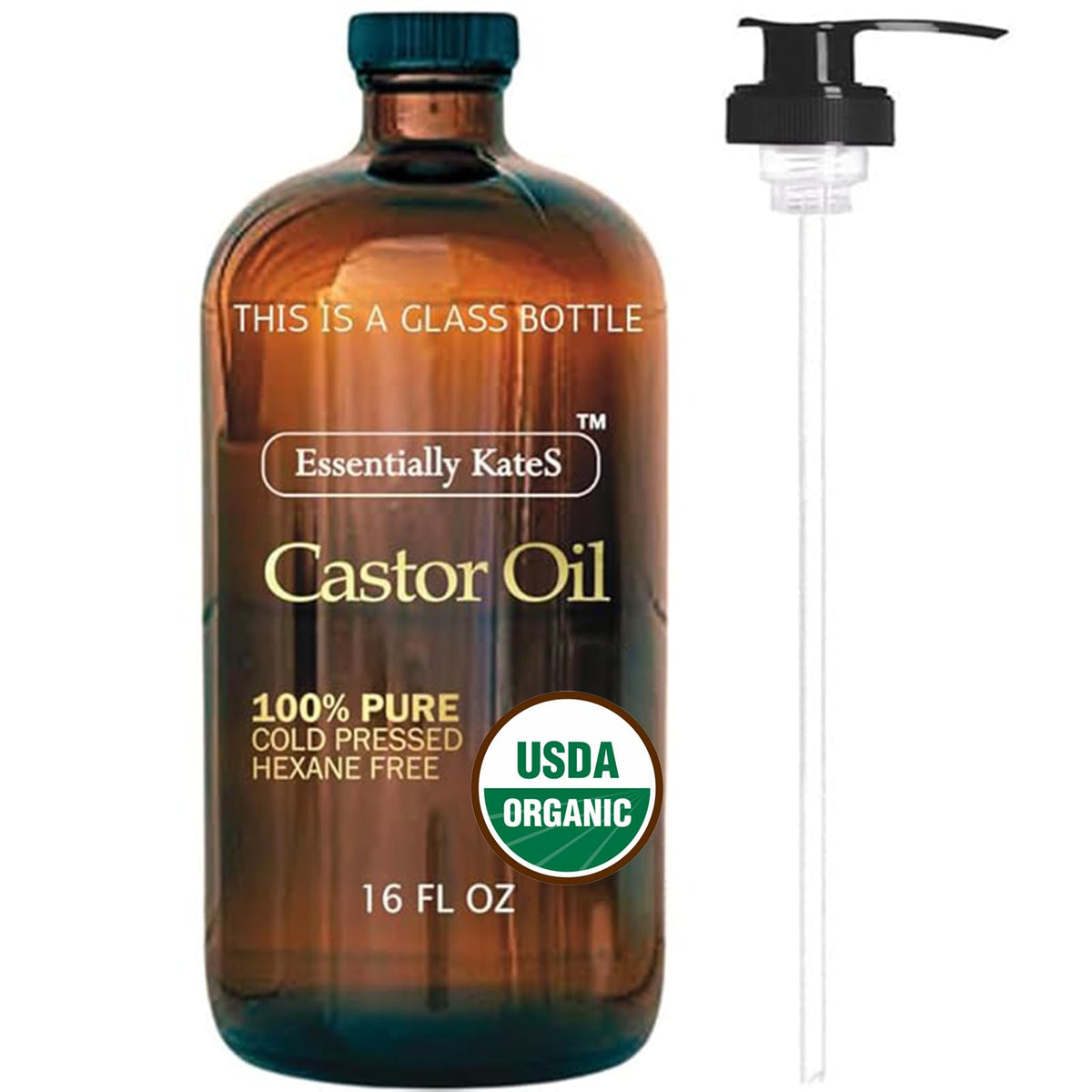 Aceite de ricino de Essentially KateS en botella de vidrio ámbar para protección de la luz