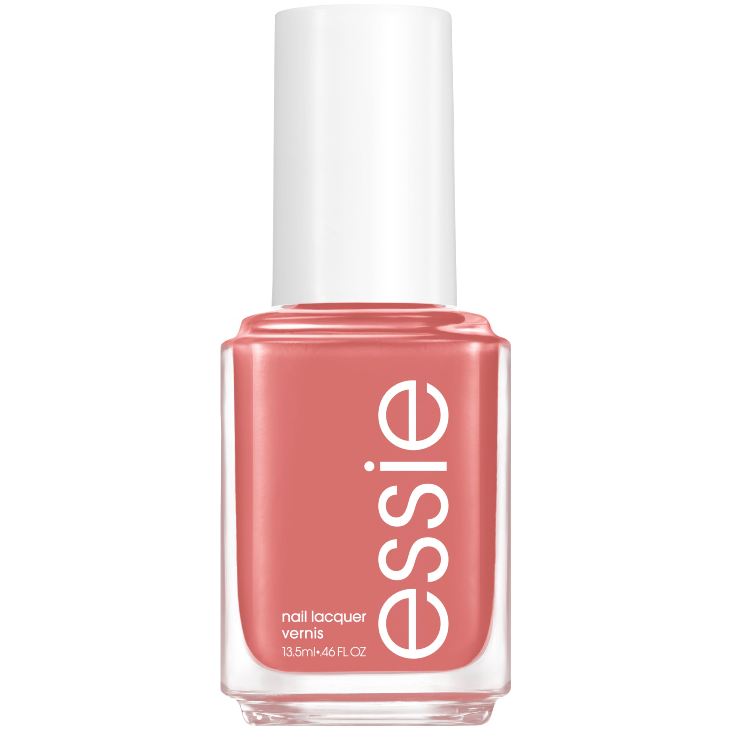 Laca de uñas essie coral con acabado brillante para uso diario.