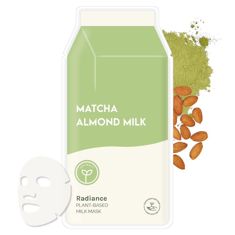 ESW Beauty Matcha Almond Milk, empaque compostable para rutina de cuidado diario.
