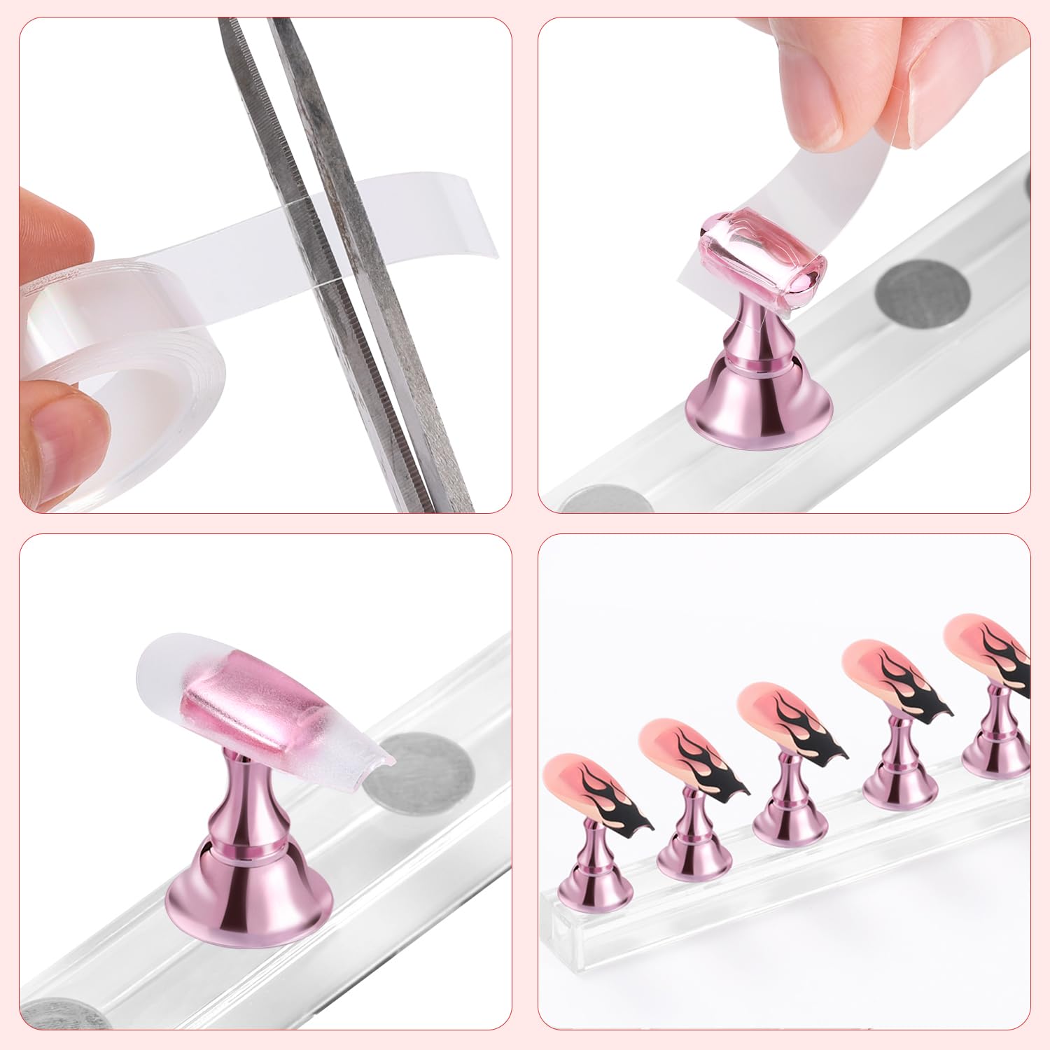 La cinta adhesiva doble cara de Etercycle fija uñas durante la práctica.