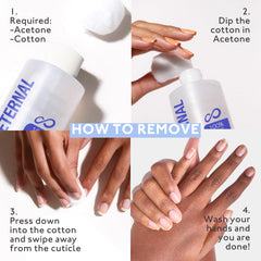 Eternal acetona pura, aplicacion-almohadilla, remueve adhesivos y capas de esmalte eficazmente.