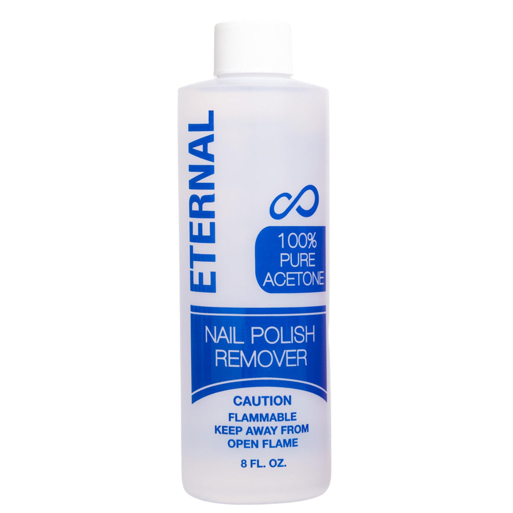 Eternal acetona pura, botella-vertido, elimina esmalte resistente con precisión y rapidez.
