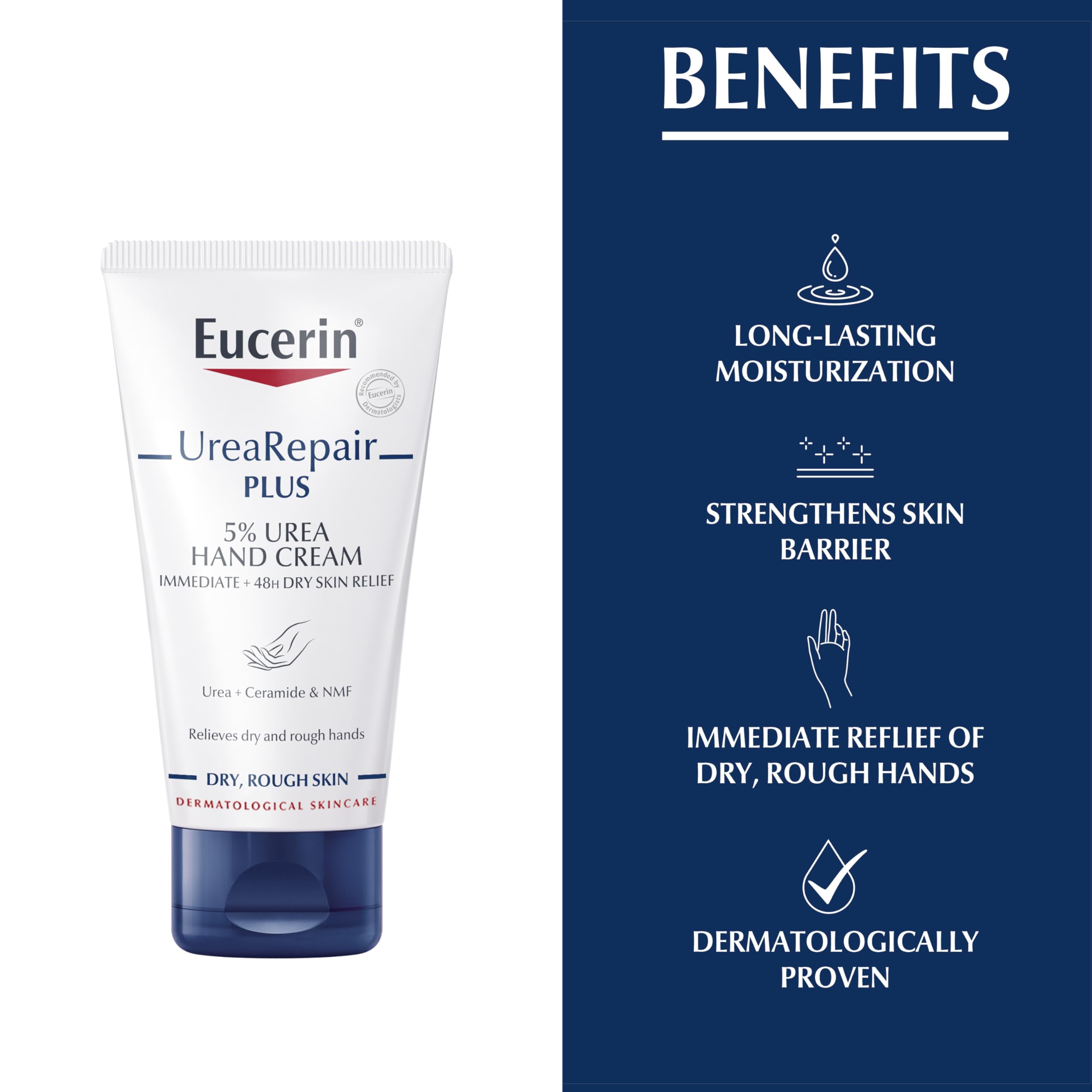 Crema Eucerin para manos con 5% urea para piel áspera.