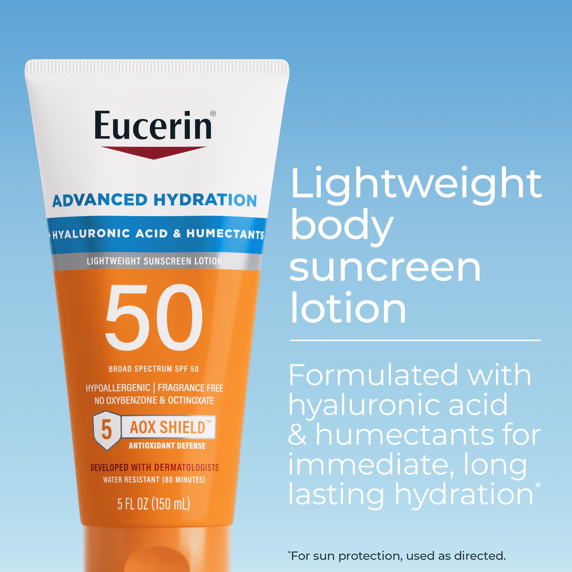 Aplicación suave de Eucerin Sun Advanced Hydration SPF 50 en la mano para protección diaria.