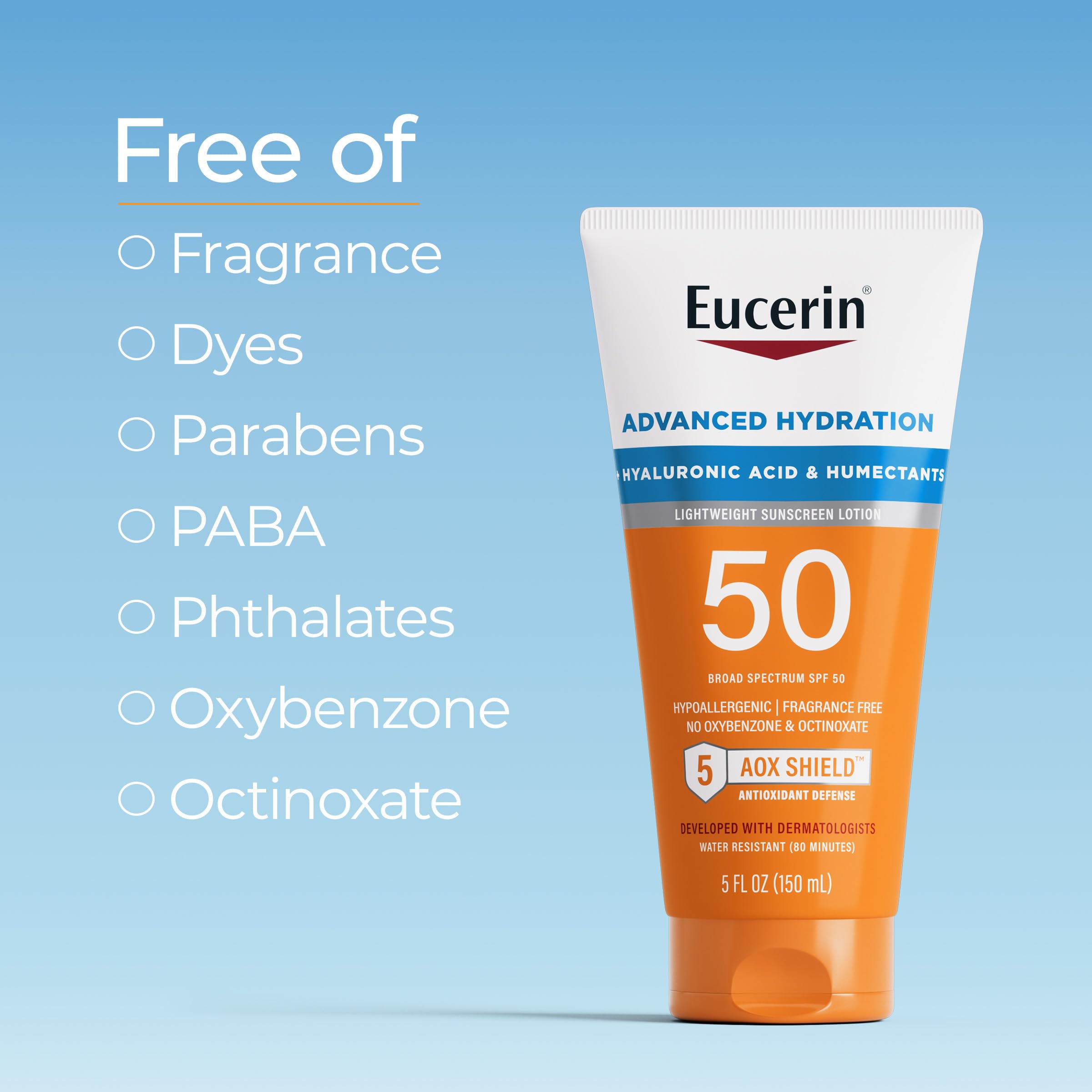 Fórmula sin fragancia de Eucerin Sun Advanced Hydration SPF 50 para piel sensible.