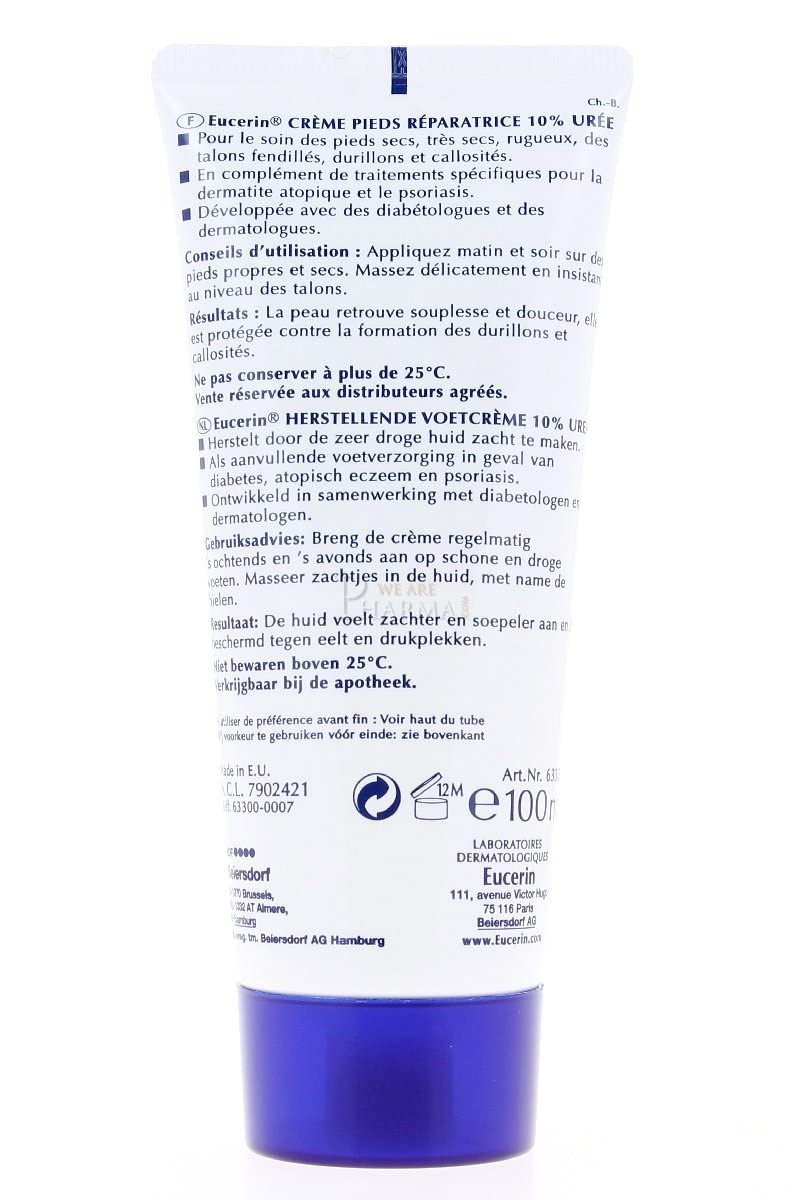 Frente de la crema Eucerin sin fragancias para pies sensibles.