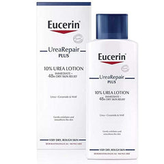 Eucerin urée 10% sur peau très sèche, bouteille 250 ml, hydratation profonde.