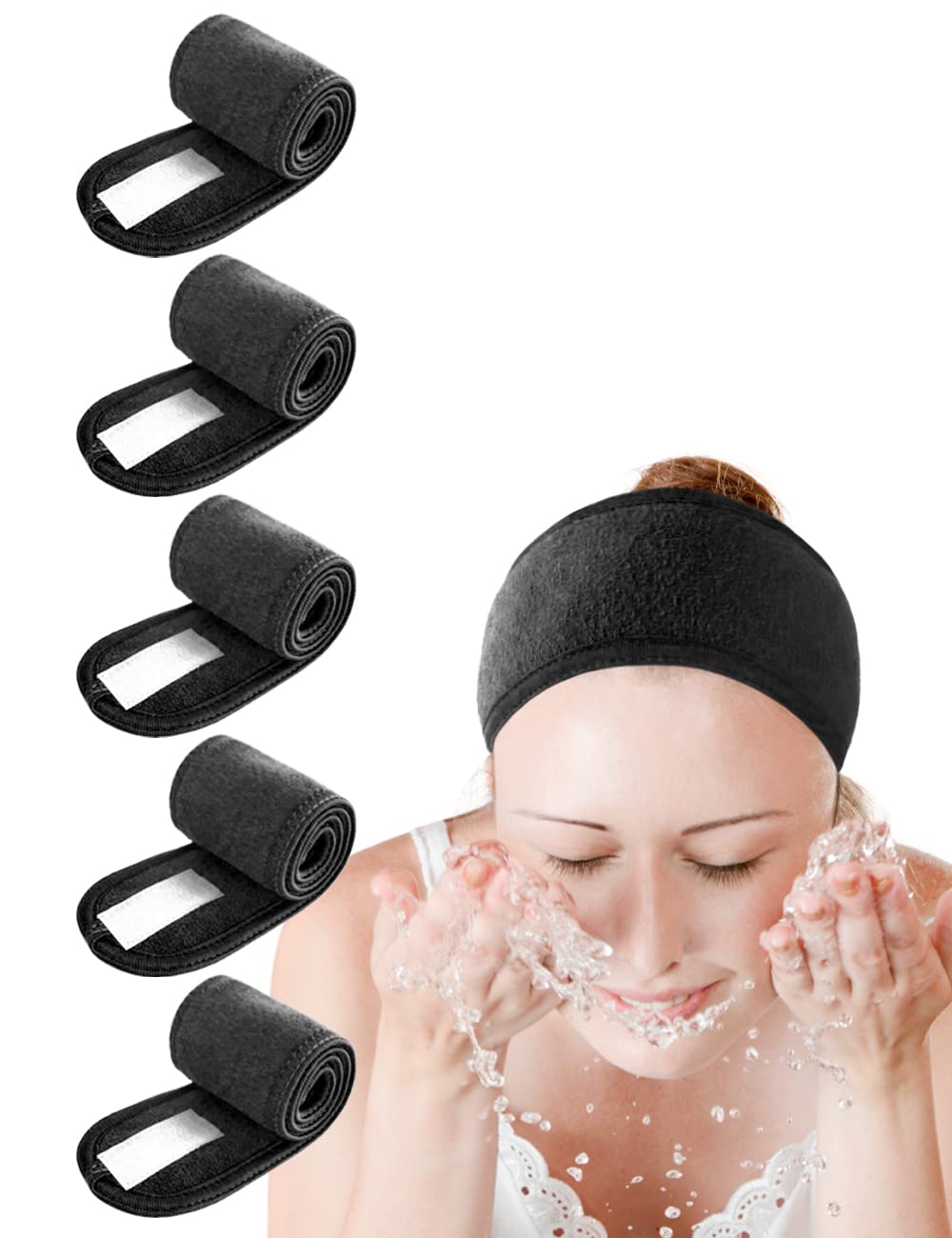 EUICAE diadema spa 5-pack negro, mantiene el cabello fuera de la cara durante el cuidado.