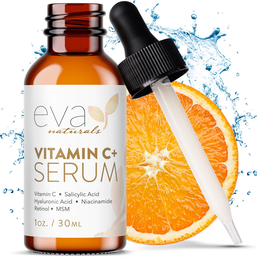 Eva Naturals Serum Vitamina C, frente del bote, para tez más luminosa.