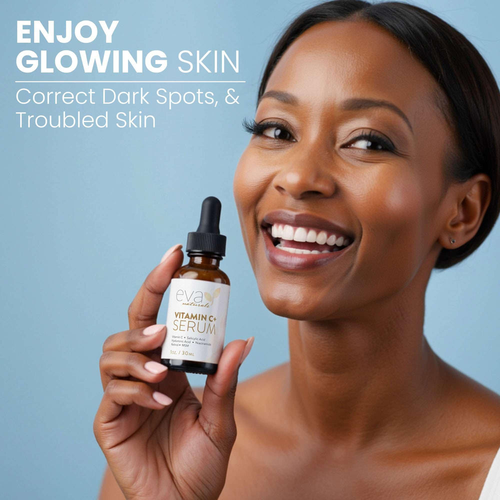 Eva Naturals Serum Vitamina C, rostro iluminado, favorece una apariencia radiante.