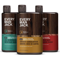 Every Man Jack 2en1 ámbar y sándalo: aroma intenso para ducha revitalizante.
