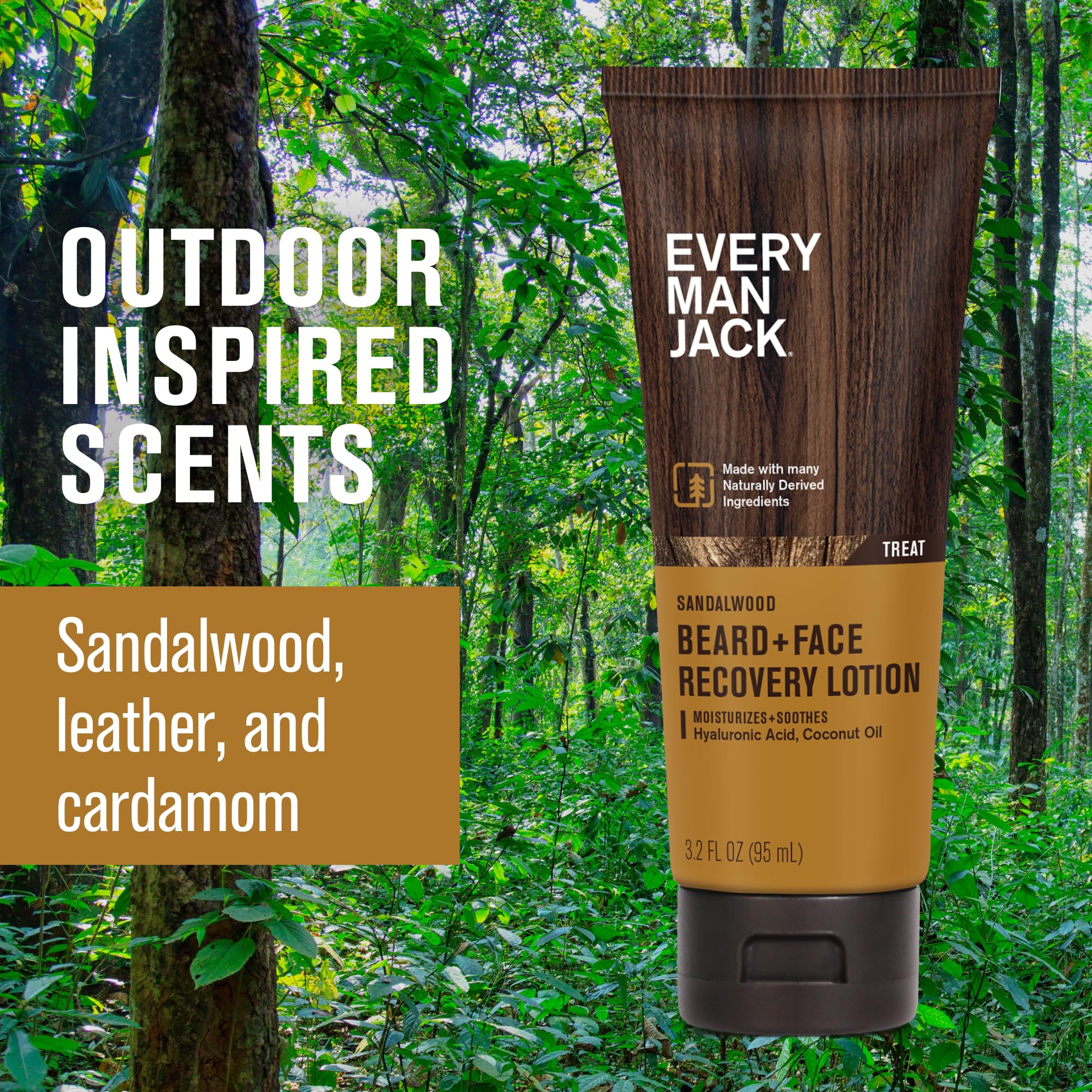 Every Man Jack label close-up highlighting natural ingredients coconut oil and witch hazel