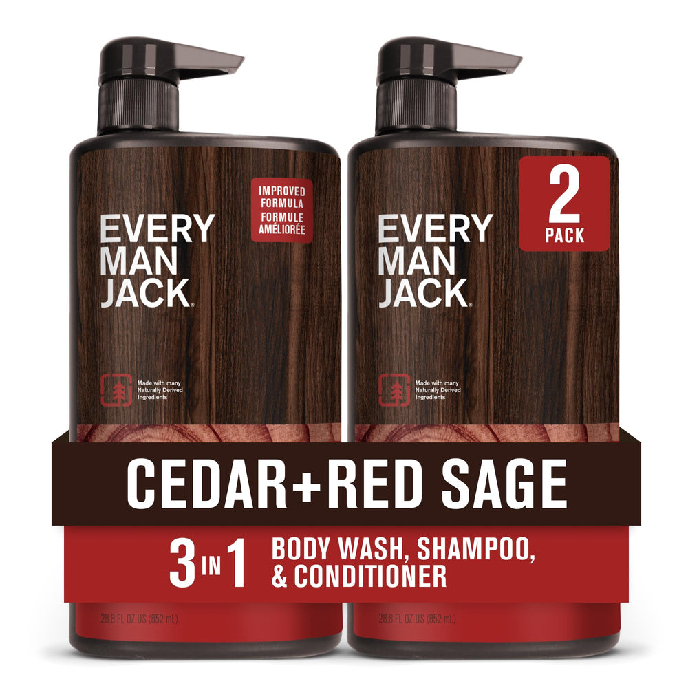 Every Man Jack cedro y salvia, botella 3 en 1, limpieza práctica para piel y cabello.