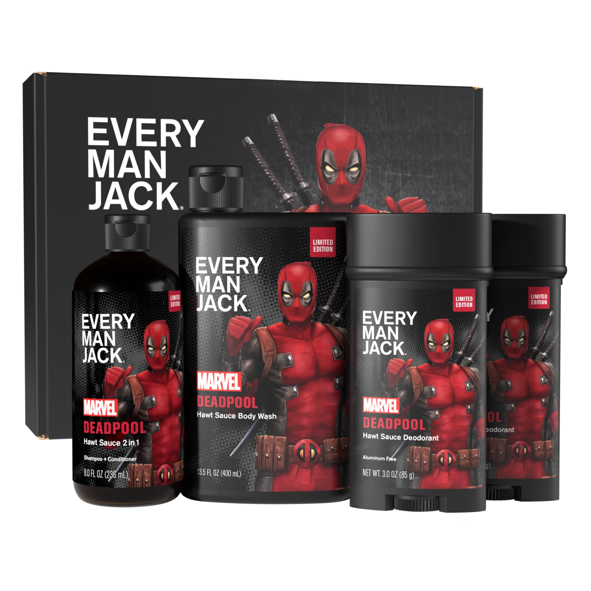 Every Man Jack Deadpool Set jabón corporal, limpieza suave y aroma vigorizante.