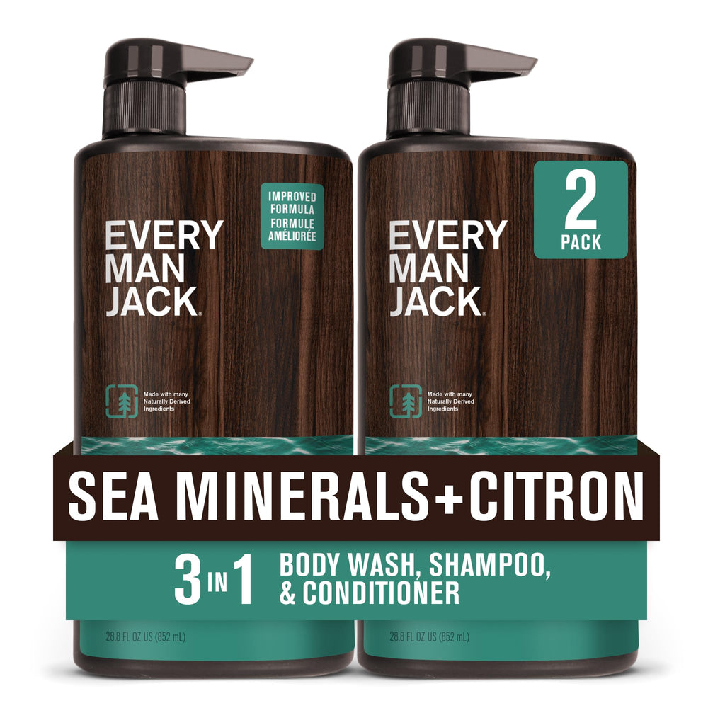 Every Man Jack Sea Minerals + Citron, botella 3-en-1 para cuidado diario del cuerpo y cabello.