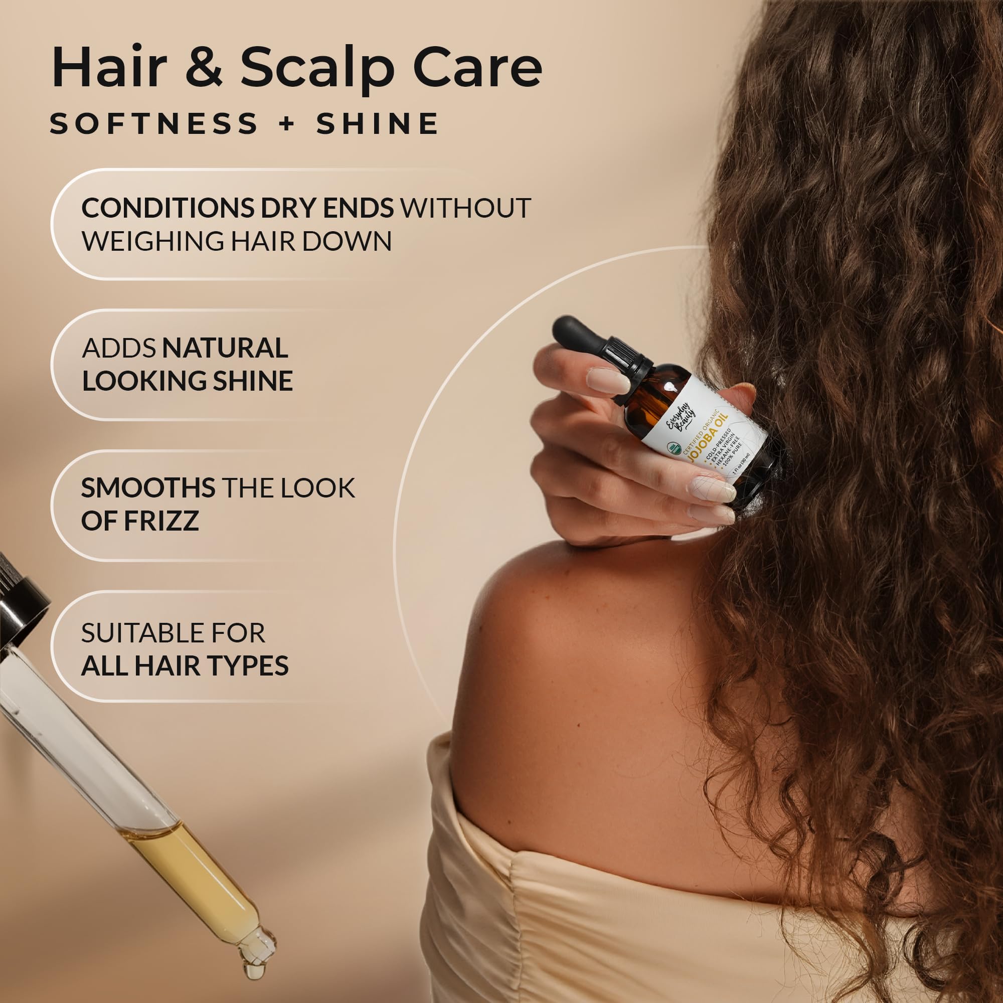 Cuidado de cabello con Aceite de Jojoba Orgánico Everyday Beauty, cuero cabelludo saludable