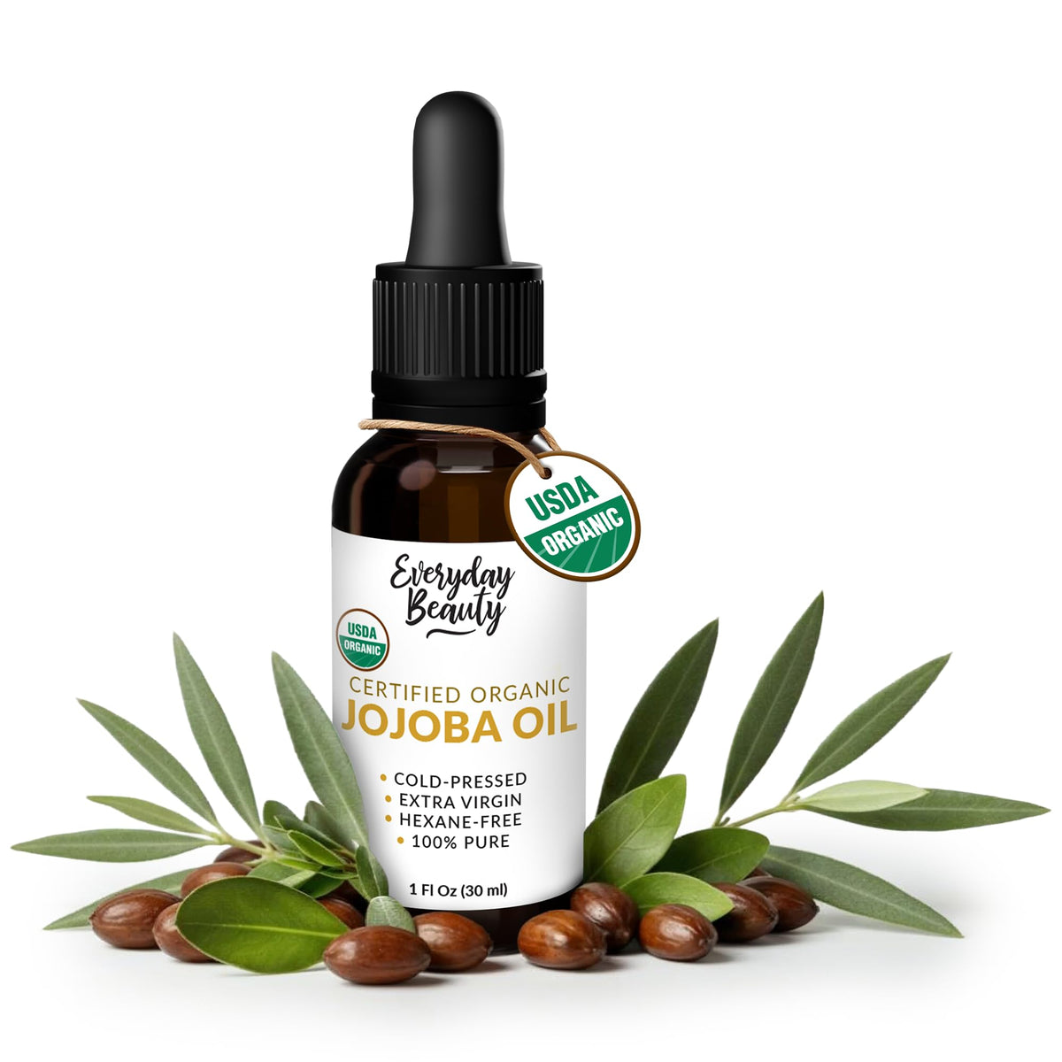 Aceite de Jojoba Orgánico de Everyday Beauty, frasco ámbar, hidratación suave para rostro y piel