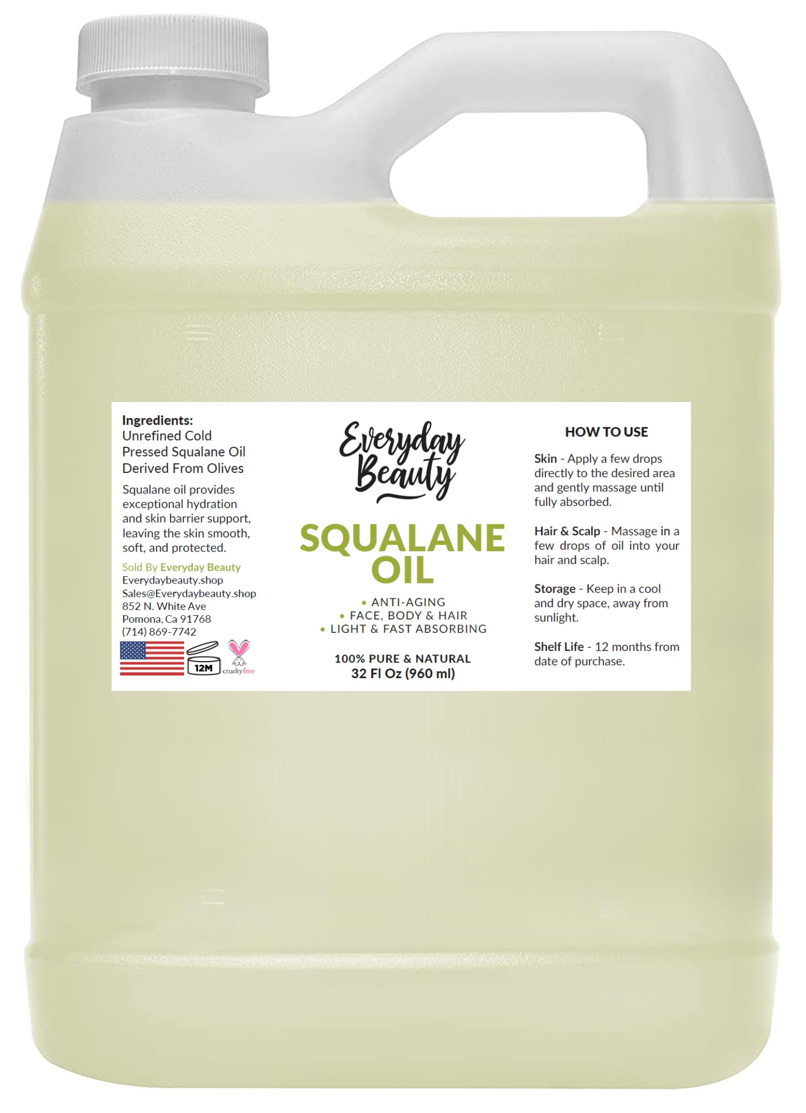 Everyday Beauty Squalane: botella 32oz para hidratación ligera de piel y cabello.