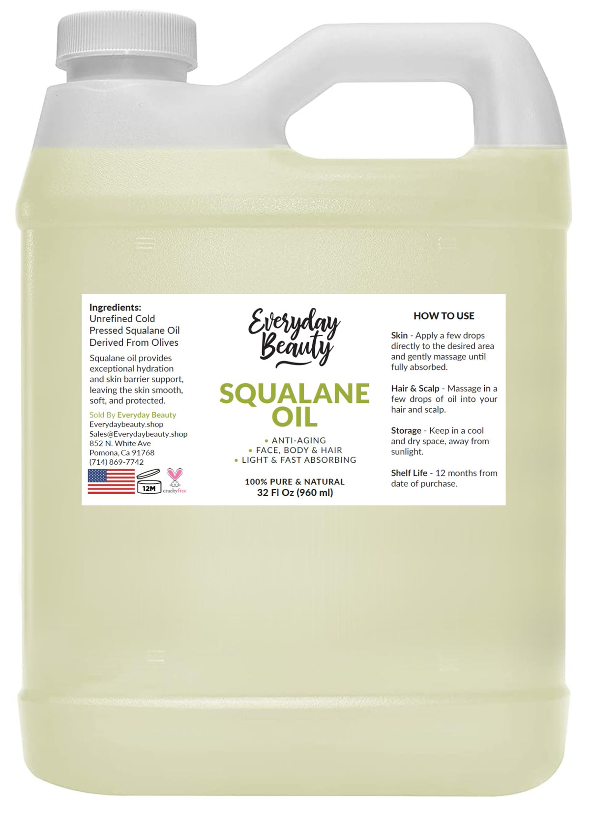Everyday Beauty Squalane: botella 32oz para hidratación ligera de piel y cabello.