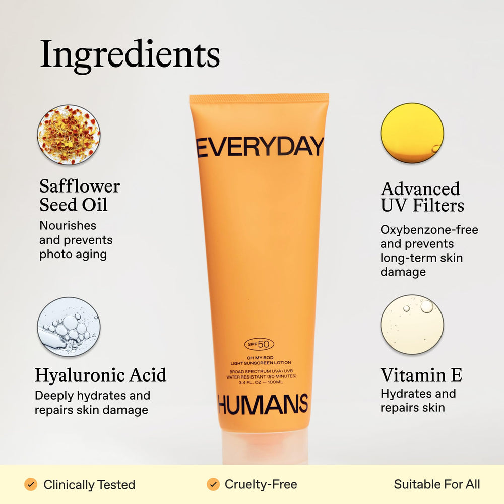 Protección sin residuo blanco con Oh My Bod SPF50.