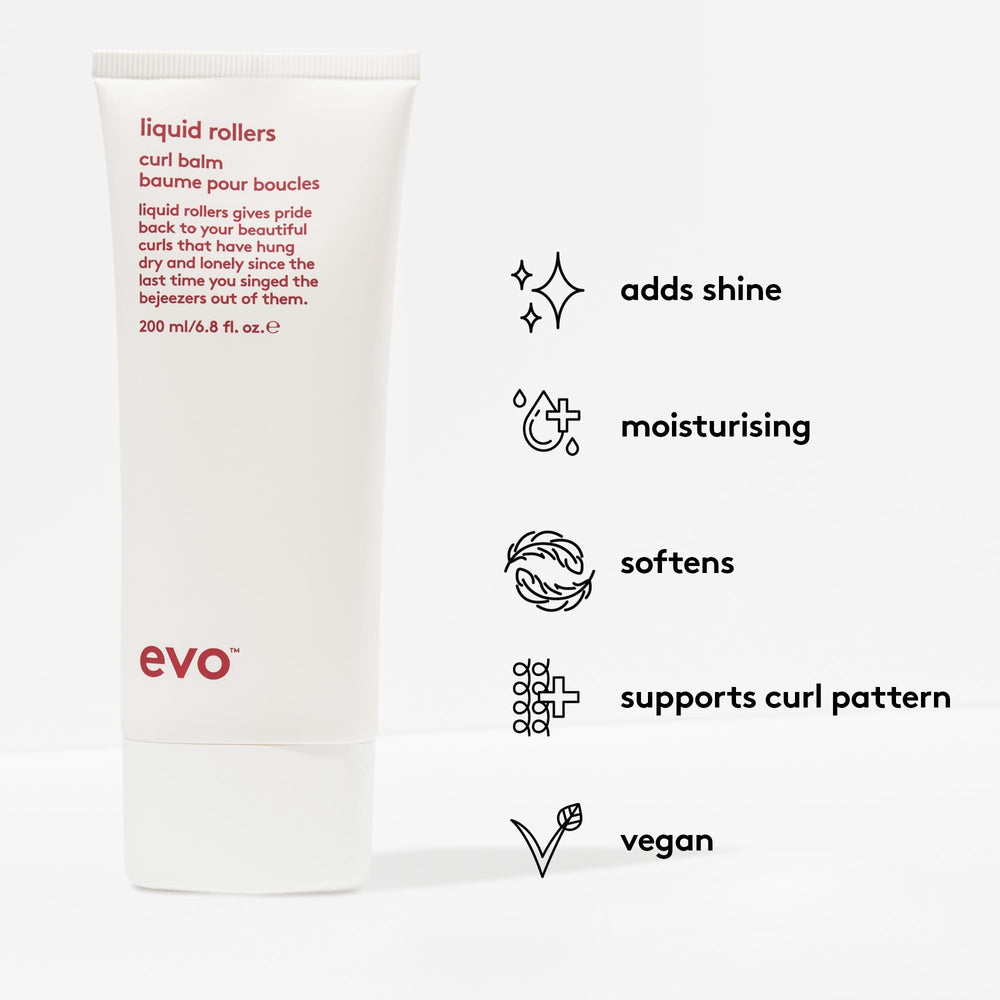 Aplicación del EVO Liquid Rollers Curl Balm en cabello húmedo o seco para peinado fácil