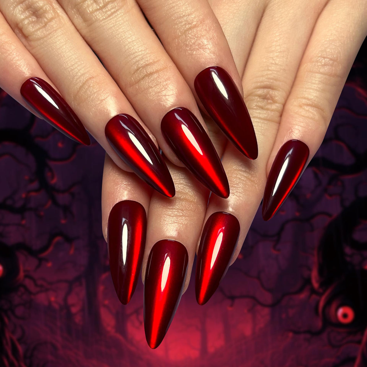 evpct uñas postizas con efecto ojo de gato rojo oscuro, almendra largas para un look elegante