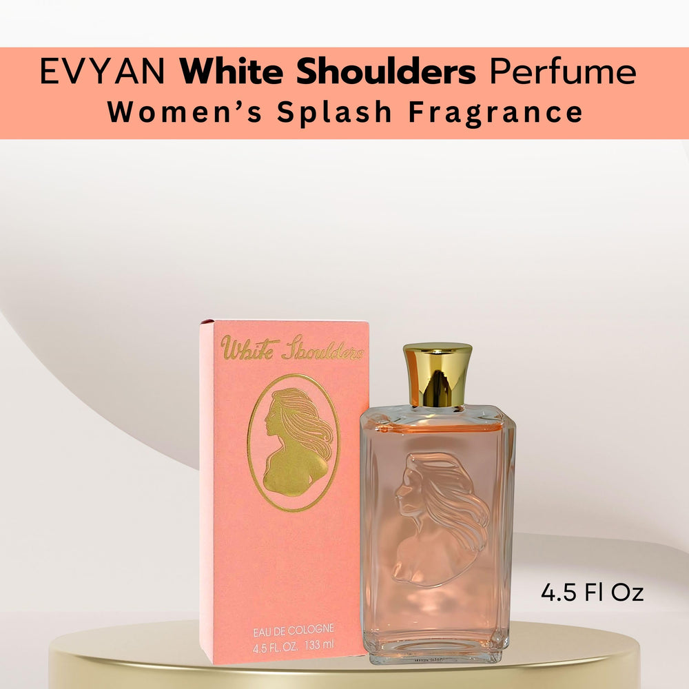 Evyan White Shoulders bottle-top close-up, travel-friendly spray.