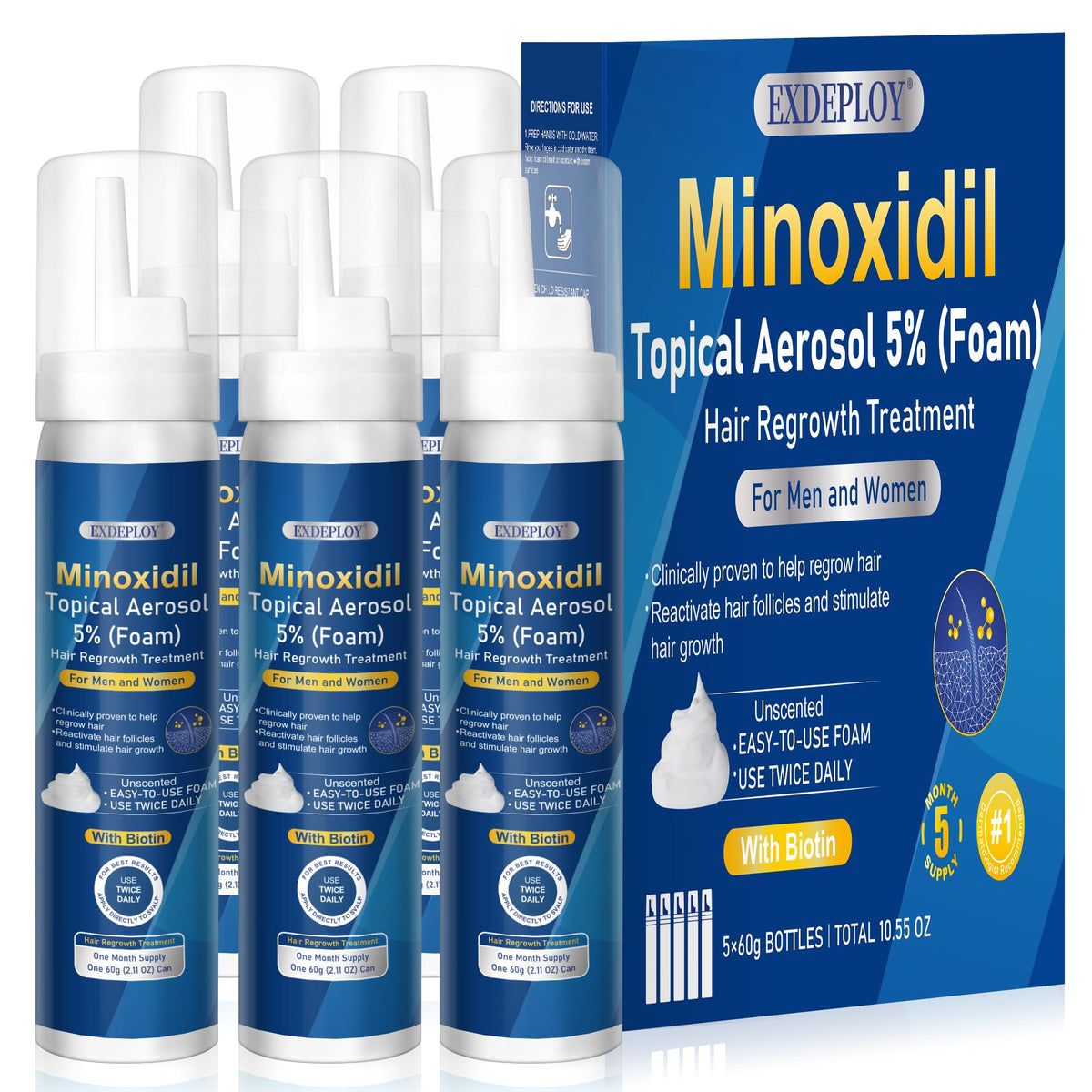 Exdeploy Minoxidil Mousse : bouteille prête à l'emploi pour cheveux plus épais