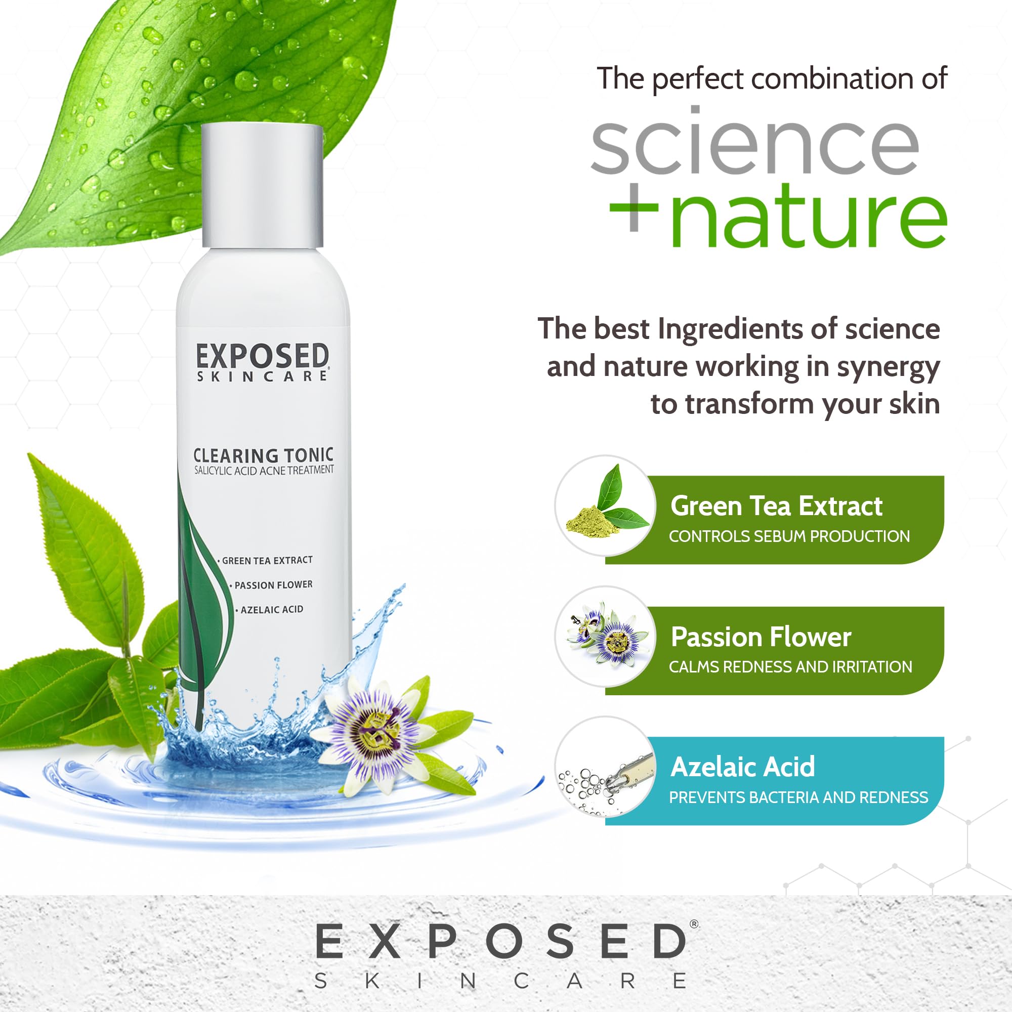 Clear liquid inside the Exposed Skin Care Clearing Tonic bottle.