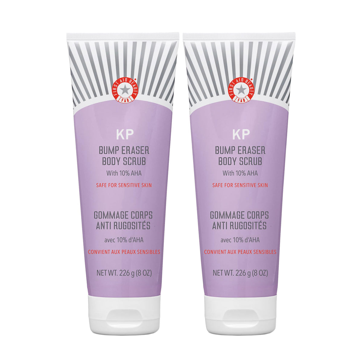 FAB exfoliante corporal KP Bump Eraser, frasco visible para piel suave y uniforme