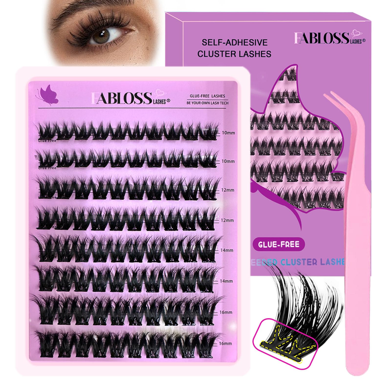 Pestañas autoadhesivas Fablosslashes con 80 grupos, base adhesiva para aplicación rápida.
