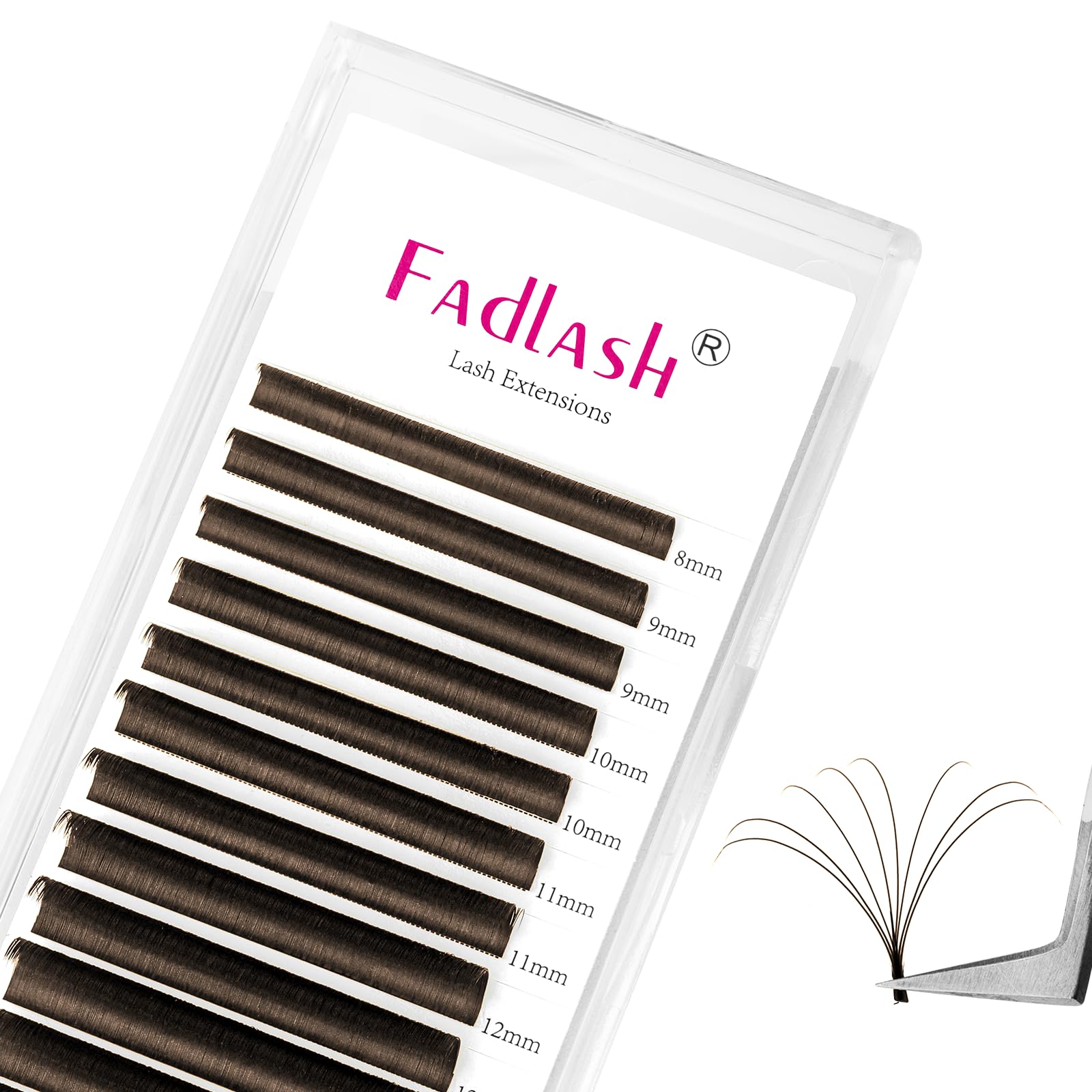 Extensiones FADLASH marrón oscuro, opción segura para ojos sensibles.
