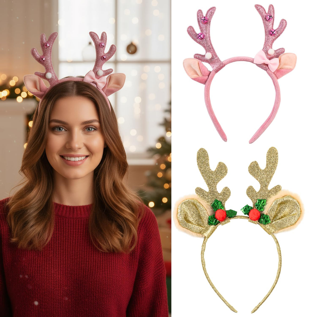FAIRCHIC Headband navideño con orejas de ciervo rosa, ideal para fotos festivas