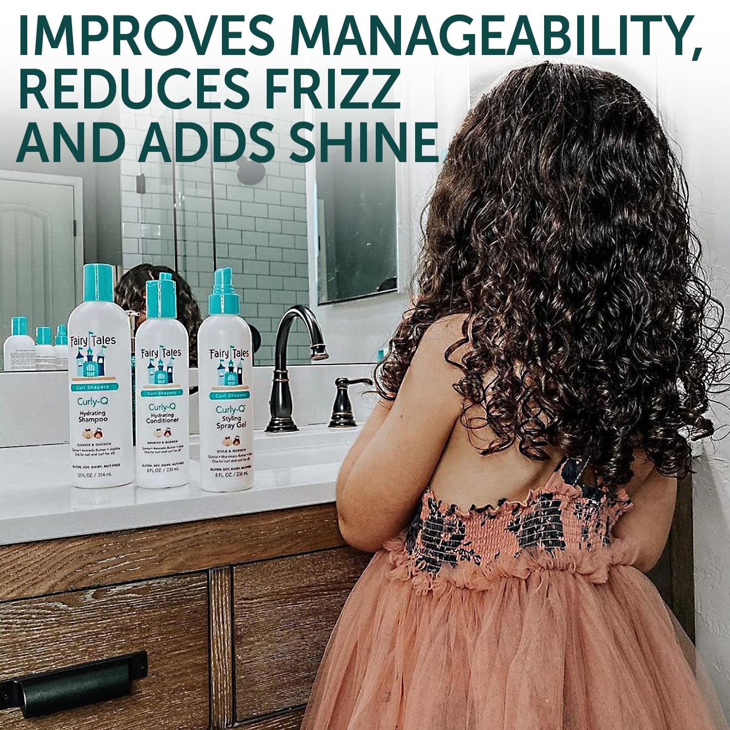Fairy Tales Curly Q Spray Gel – flacon, frizz maîtrisé et coiffage précis.