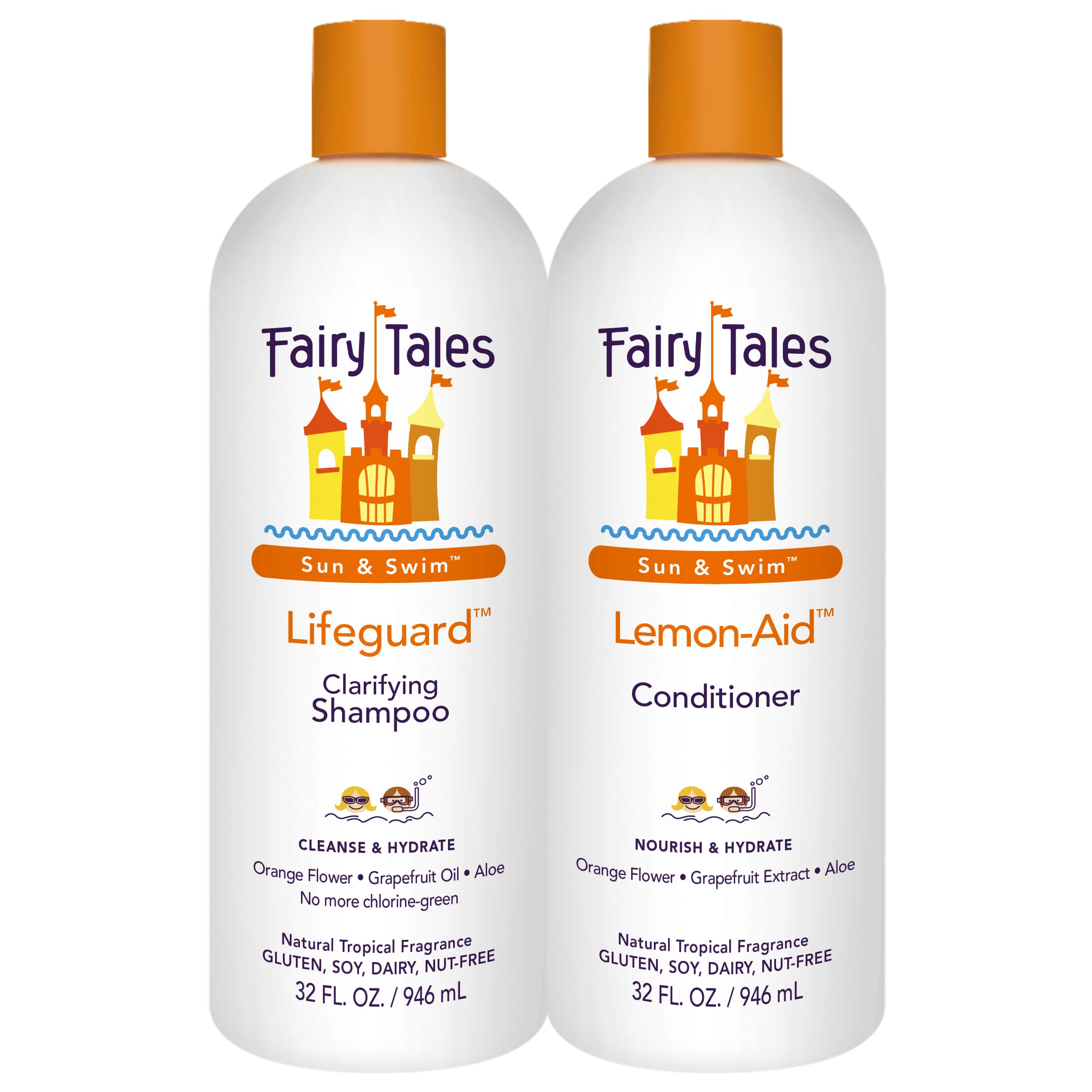 Fairy Tales Sun y Swim Champú para niños, frente de la botella, combate cloro y sales.